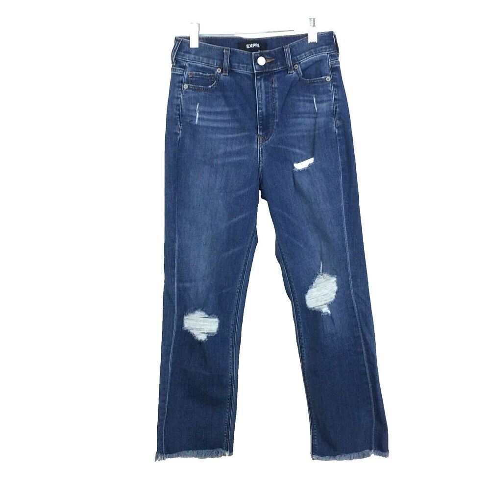 Express Women's Jeans Size 2 Blue Distressed Cropped Straight Super High Rise